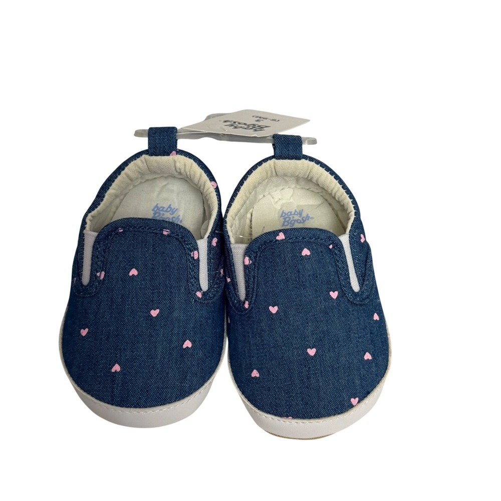 Baby Bgosh Girls Blue Denim Pink Heart Slip On Crib Shoes Size 3 6-9M NEW